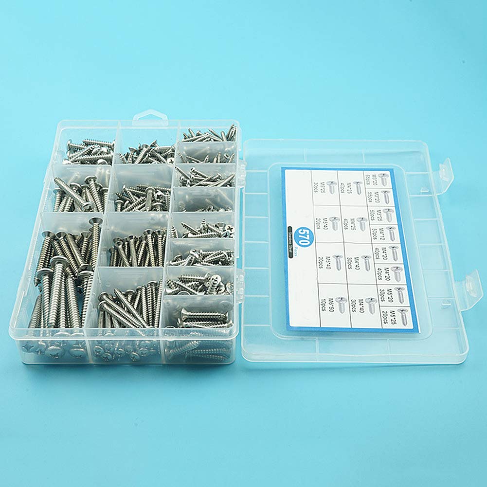 570 Pezzi M3 M4 M5 M6 Viti Set di Bulloni Croce Testa Bombata Testa Svasata Chiodi Viti Autofilettanti Kit Assortimento
