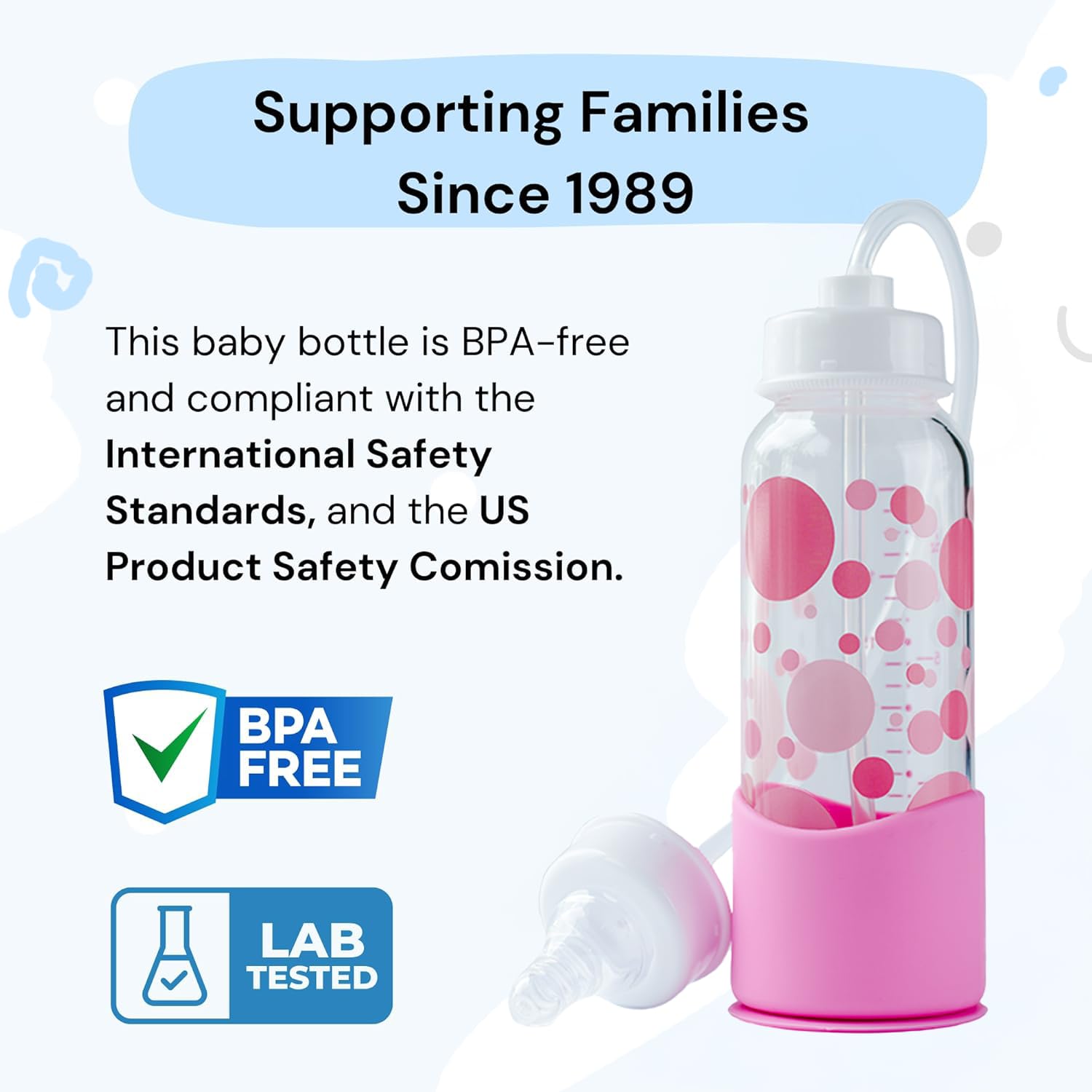 Hands-Free Baby Bottle - Anti-Colic Nursing System 7 oz Glass Baby Bottle with Fast Flow Nipple/Teat 3m+ with Tube Straw Feeding System for Toddler (1 Bottle - Pink)