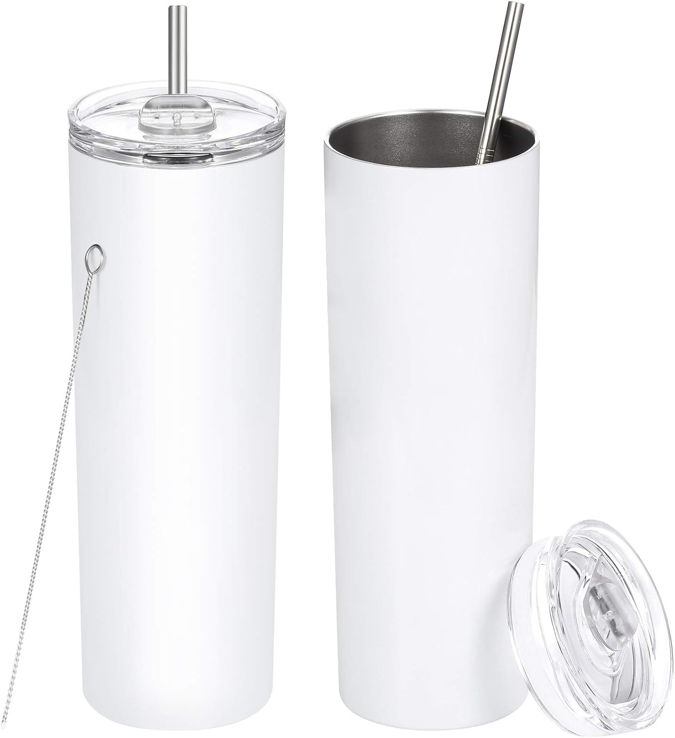 2 Pack Stainless Steel Skinny Tumbler, Double-Insulated Water Tumbler Cup With Lid and Straw, Outdoor Unbreakable Travel Slim Bottle for Hot Cold Drinks with Cleaning Brush (White, 20 OZ)