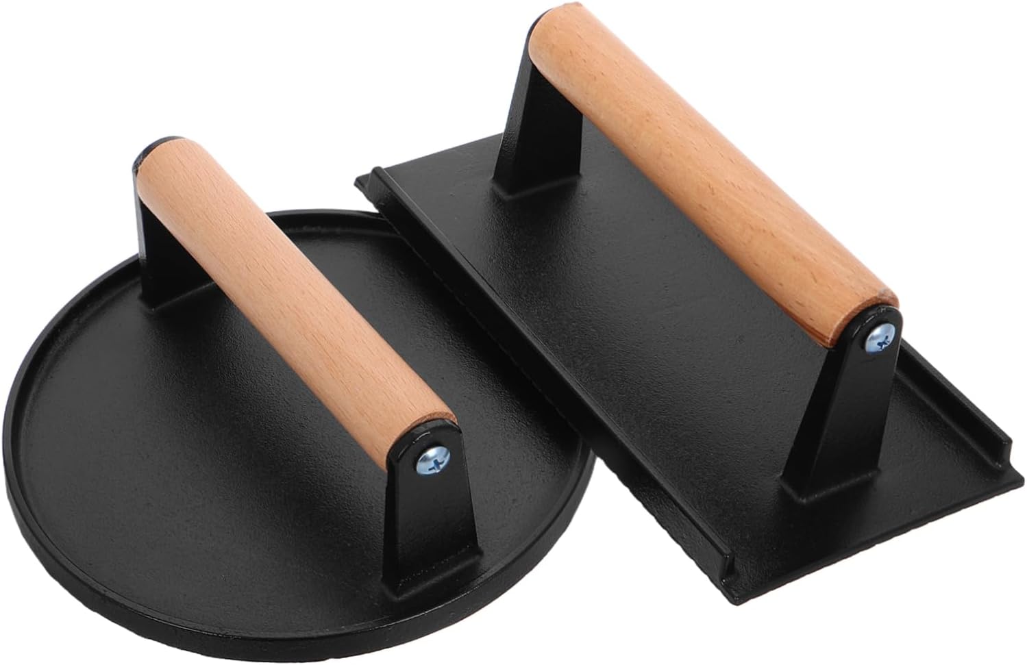 VALICLUD 2pcs Heavy Duty Cast Iron Burger Wooden Handle for Steak Round Rectangle Press for Grilling Bbq