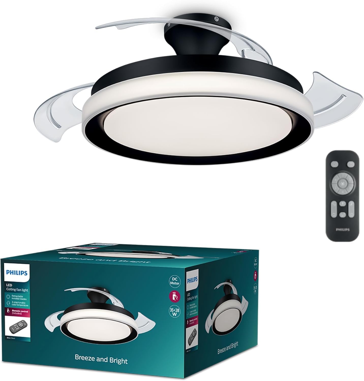 Philips Bliss Ventilador de Techo con Luz LED, 3 Aspas Retráctiles, Diámetro Aspas 106 cm, 3 Modos de Luz, Luz Blanca Ajustable, Extra Silencioso, Modelo 2024, Negro, Clásico