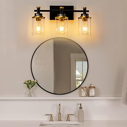 Miniatura 6 de Lámpara de baño de 3 luces, lámpara de tocador negra y dorada cepillada sobre el espejo, moderna lámpara de pared para baño, dormitorio, pasillo con