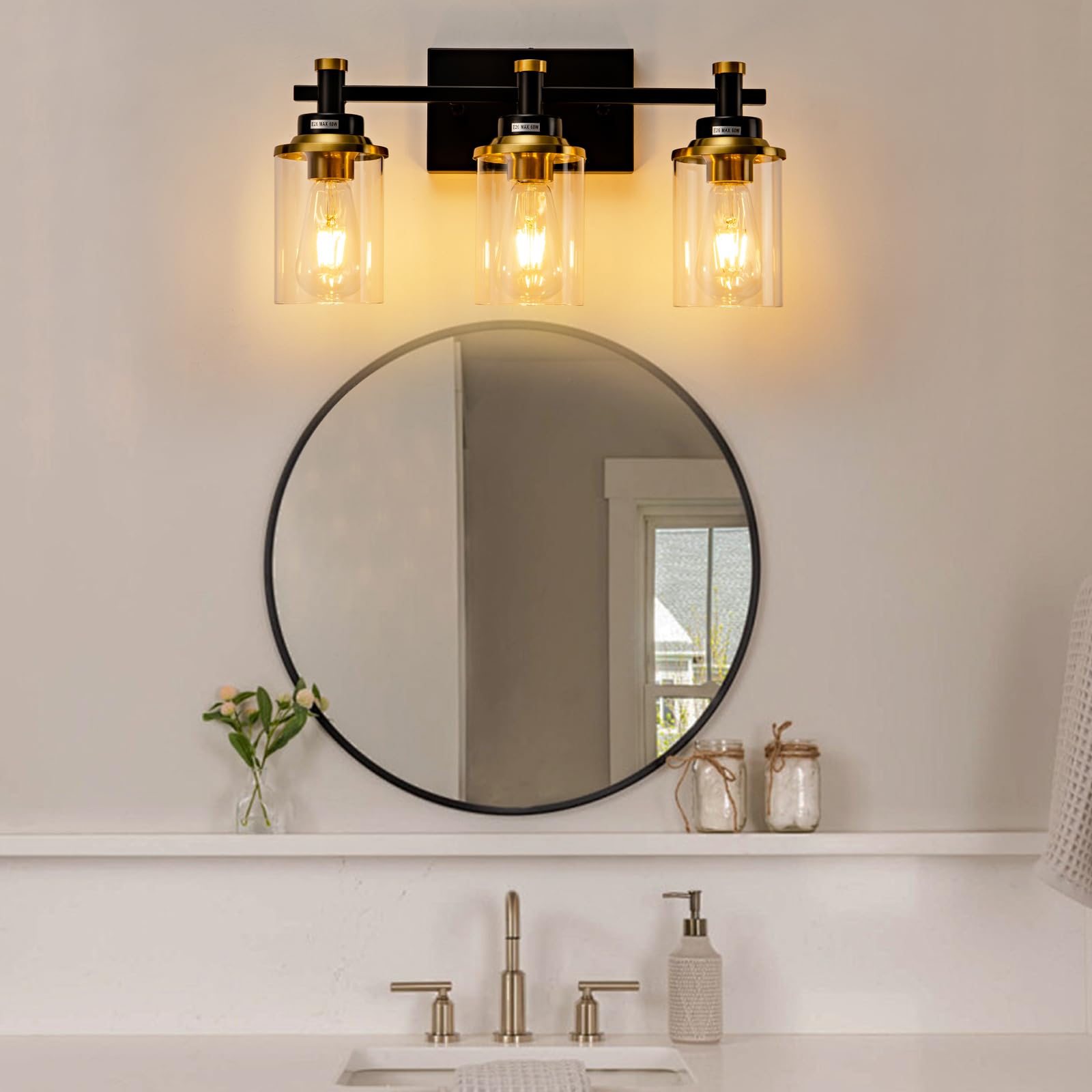 3 Light Bathroom Light Fixtures Black and Brushed Gold Vanity Light Fixture Over Mirror Modern Wall Sconces Lighting — view 6