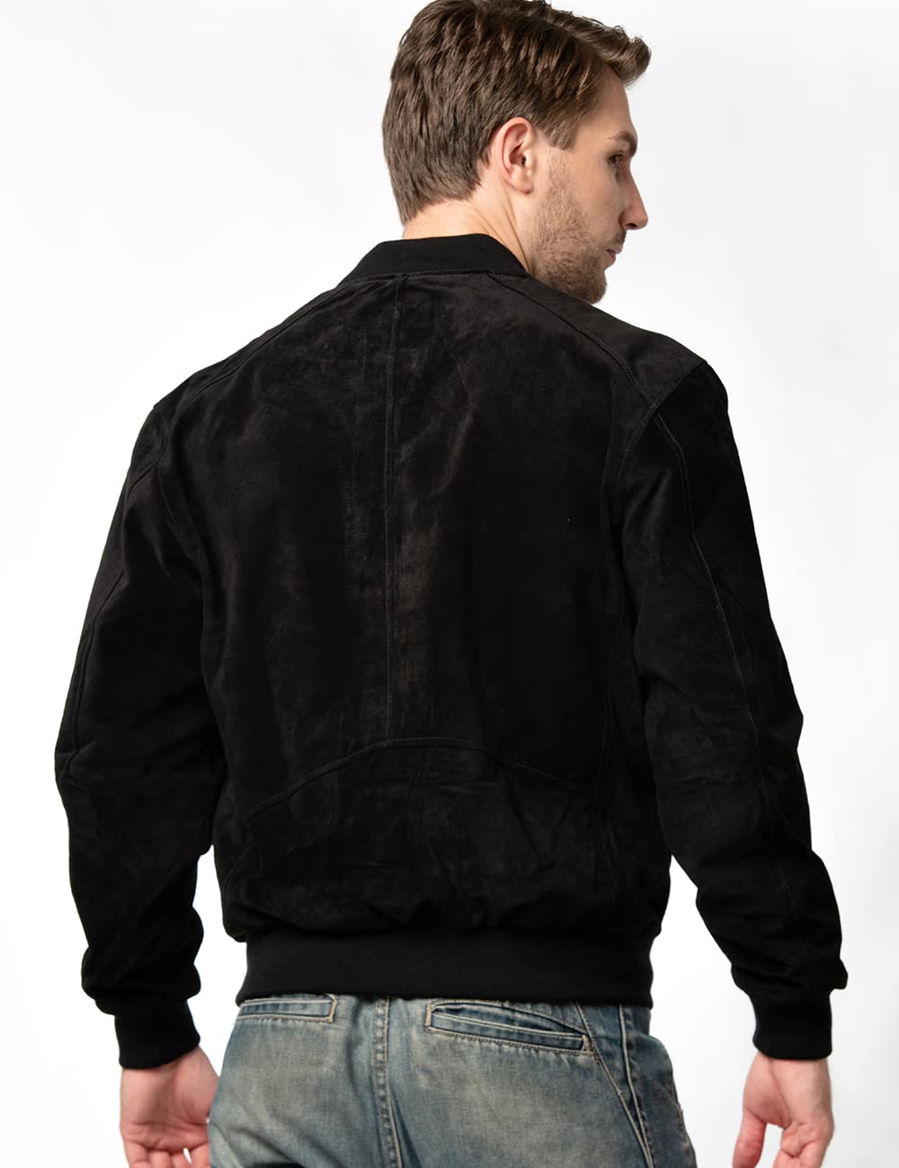 FLAVOR Men's Leather Baseball Jacket Vintage Suede Pigskin (Large, Black)