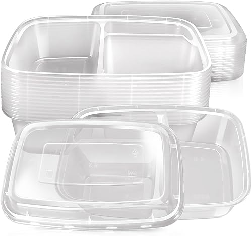 ISUSSER Contenedores de preparación de comidas de 37 onzas con tapas, 3 compartimentos paquete de 15, cajas de almuerzo transparentes Bento, caja de