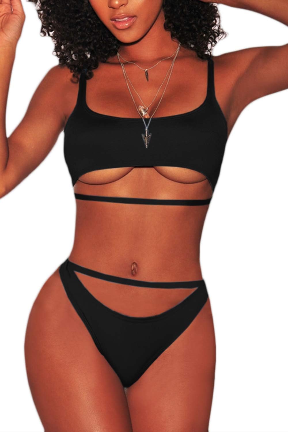ESONLAR Women's Sexy Strappy Scoop Neck Cut Out High Waist Cheeky Swimsuits Bikini Sets
