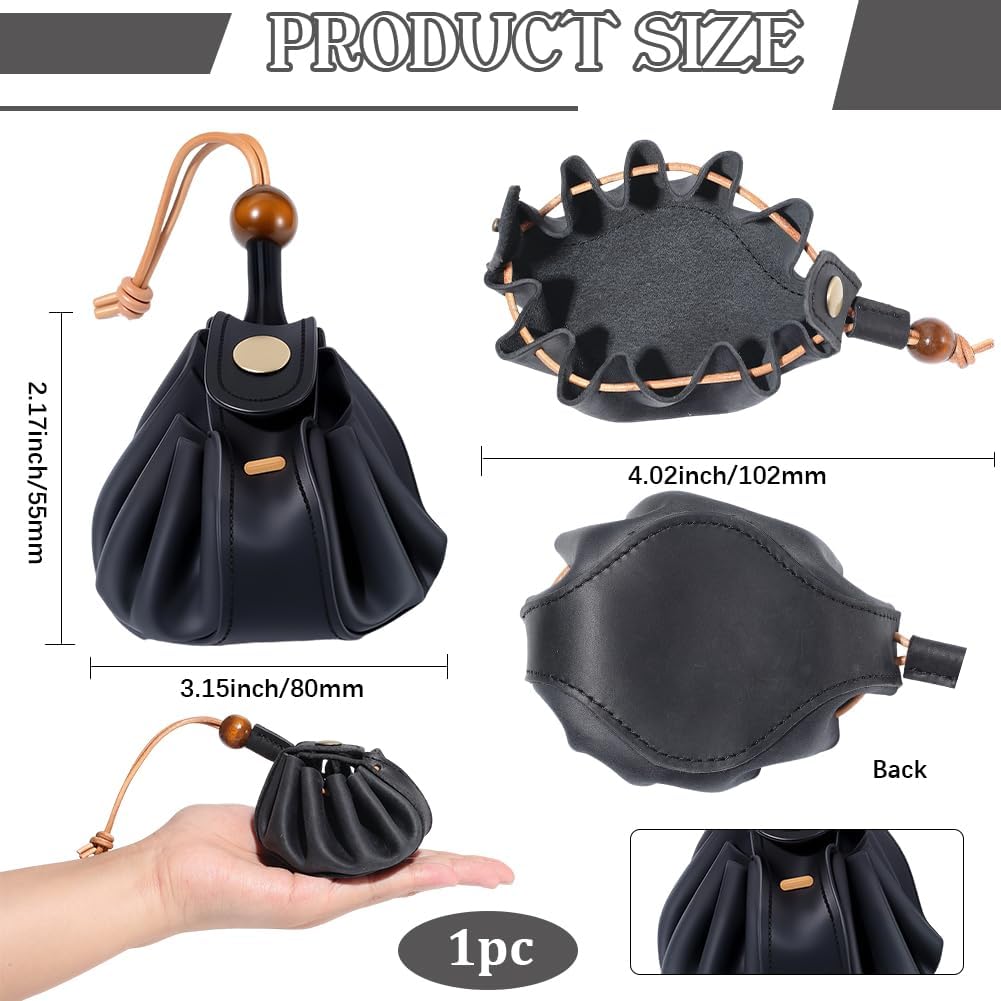 Beebeecraft Drawstring Pouch Cowhide Dice Pouch Storage Bag Snap Button Coin for Men Women Storage Renaissance Dice Bag (Black)