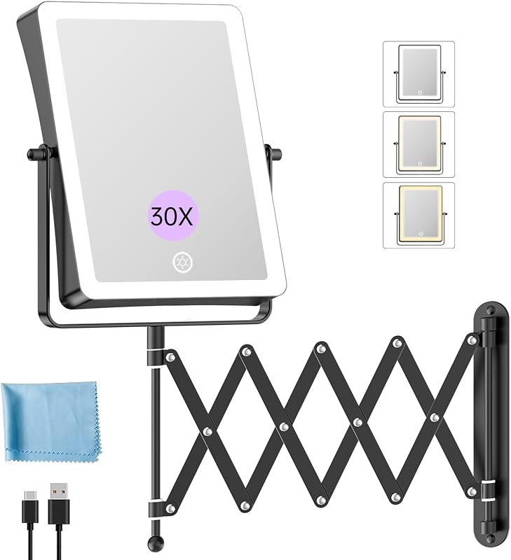 Espelho de maquiagem de parede FASCINATE retangular com iluminação LED, 30X/1X e bateria recarregável de 5000mAh, preto