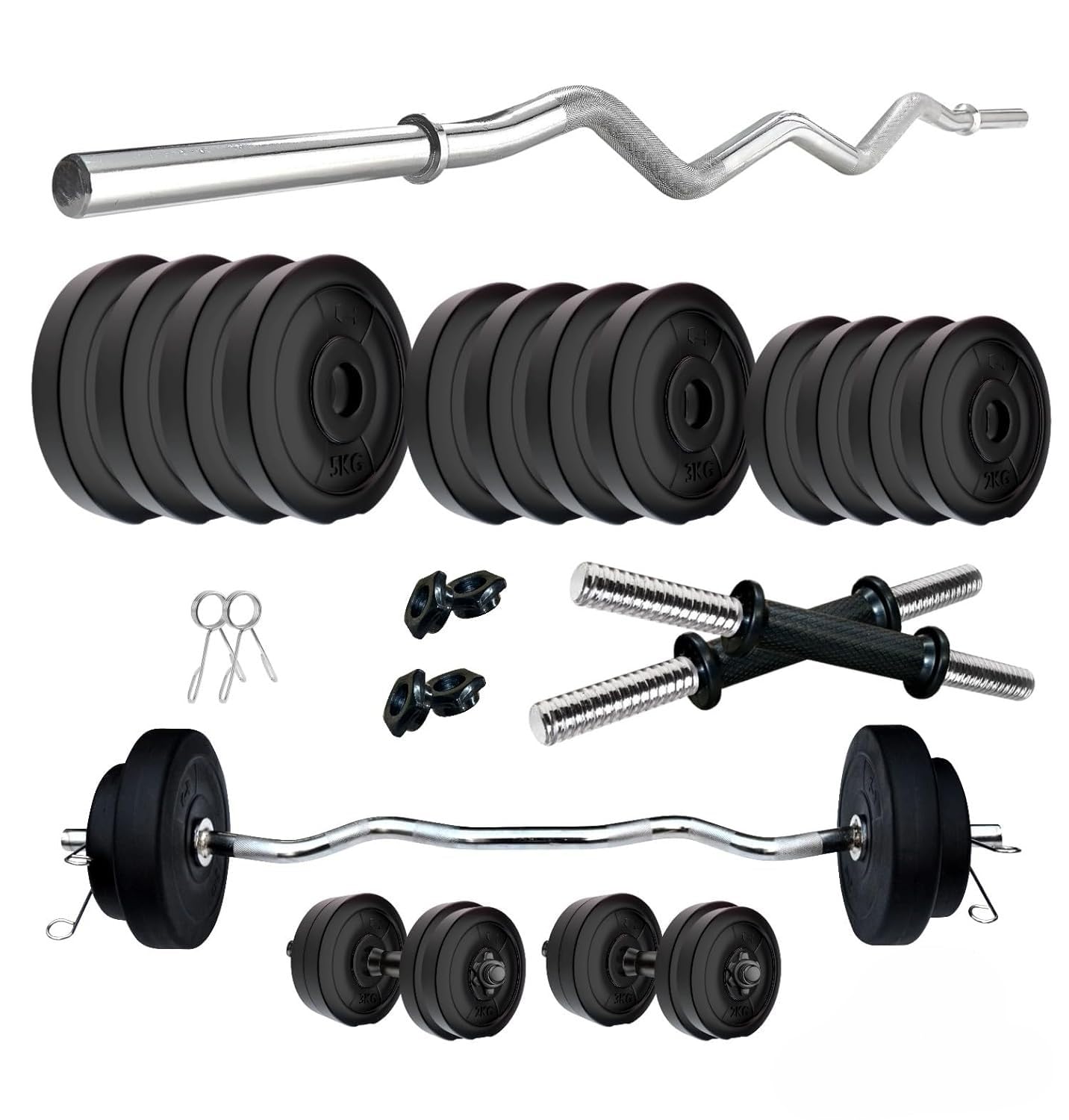 Amazon Brand - Symactive PVC 40 Kg Home Gym Set with One 3 Ft Curl Rod and One Pair Dumbbell Rods, Multicolour