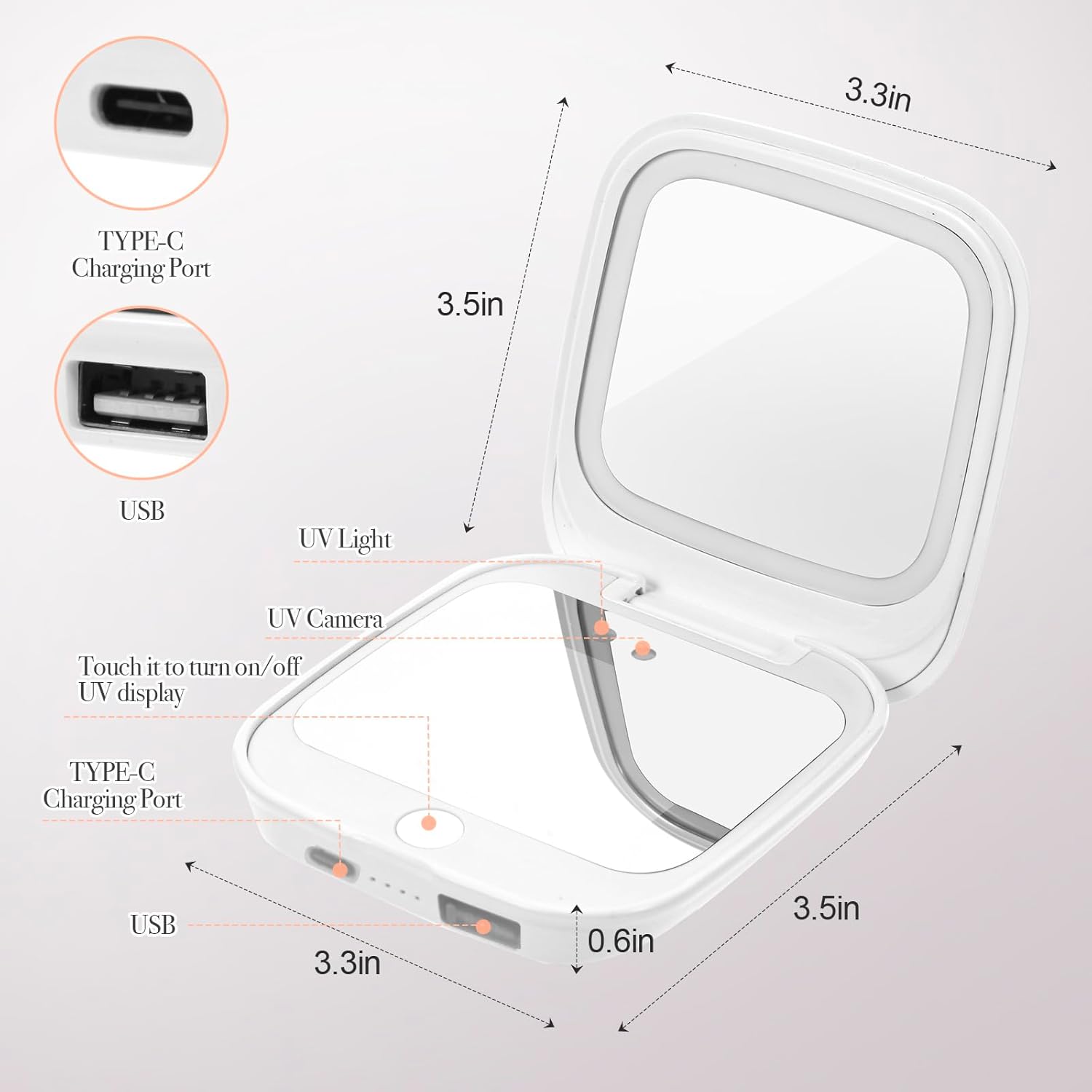 UV Camera Mirror for Sunscreen Test & SPF Detection, 1x/2x Magnifying Travel Mirror with Dimmable LED Lights, Handheld 2-Sided Portable Makeup Mirror for Handbag/Pocket,White