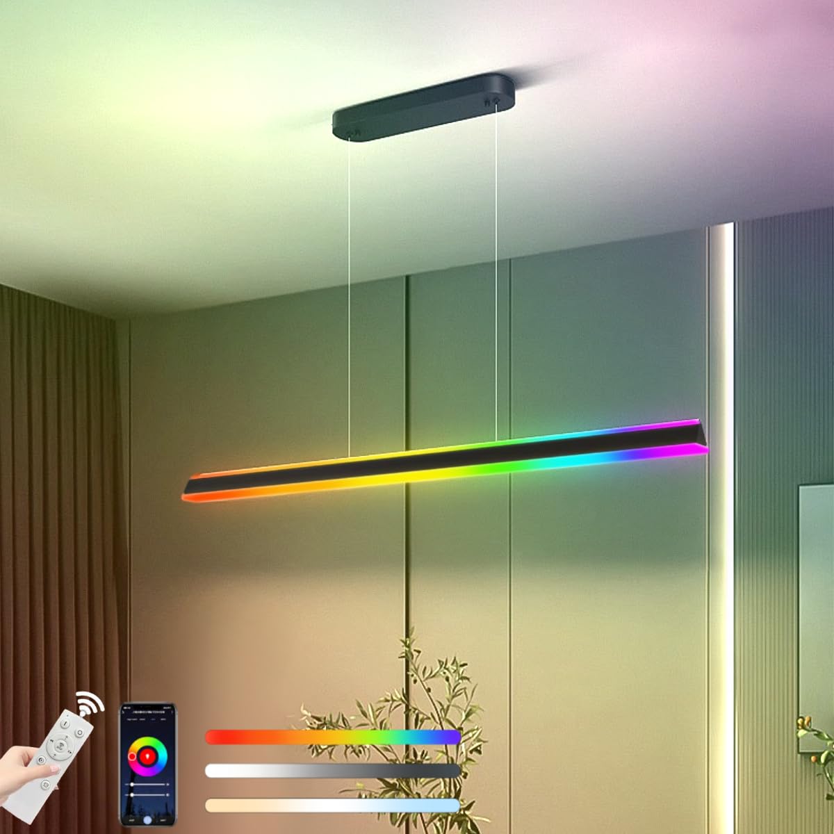 Pendelleuchte Esstisch RGB Dimmbar 120cm Schwarz Lineare Hängelampe mit Fernbedienung & App-Steuerung Höhenverstellbar Modern Design Esstisch Lampen Hängend für Großes Esszimmer Küche Wohnzimmer