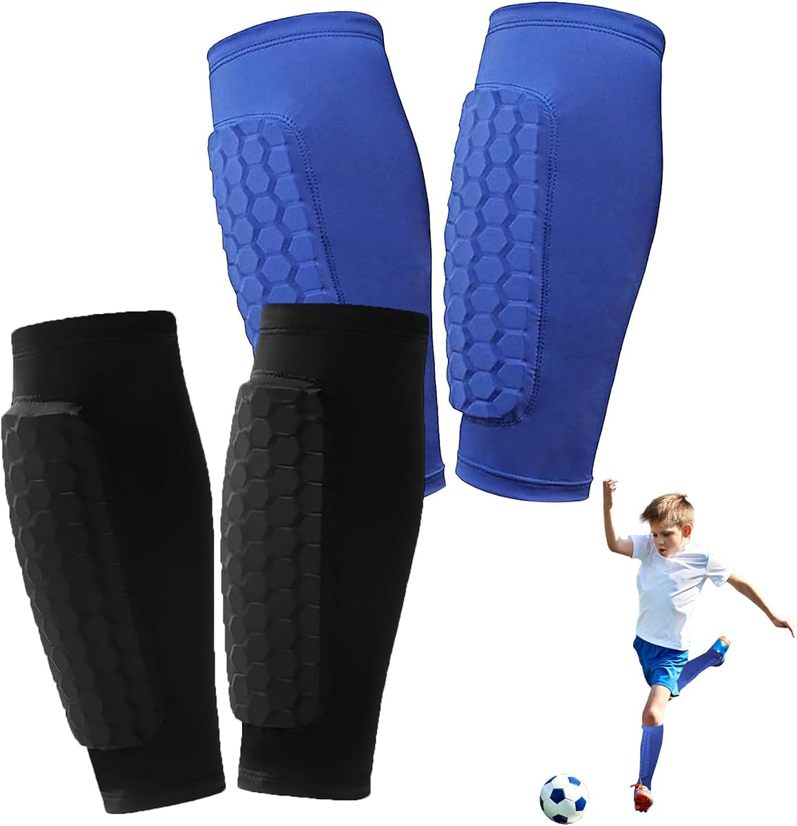 2 pares de espinilleras de fútbol para niños, jóvenes y adultos con almohadillas de panal | Manga de compresión de pantorrilla de fútbol Shin Guards, soporte protector de espinilla ligero para béisbol, MTB y fútbol
