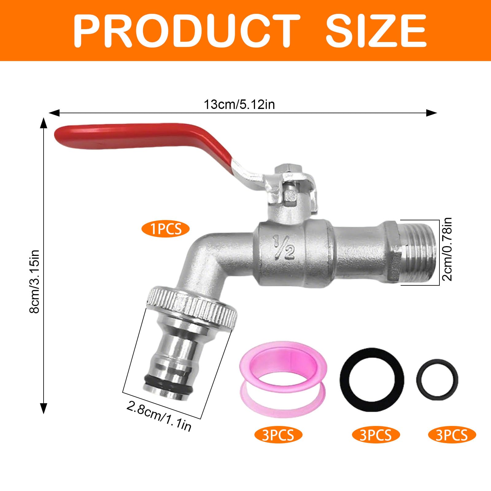 Bibcock Output Garden Tap, G1/2" Inlet and G3/4" Outlet Zinc Lloy Outside Tap, Water Butt Taps with Fittings - Image 2