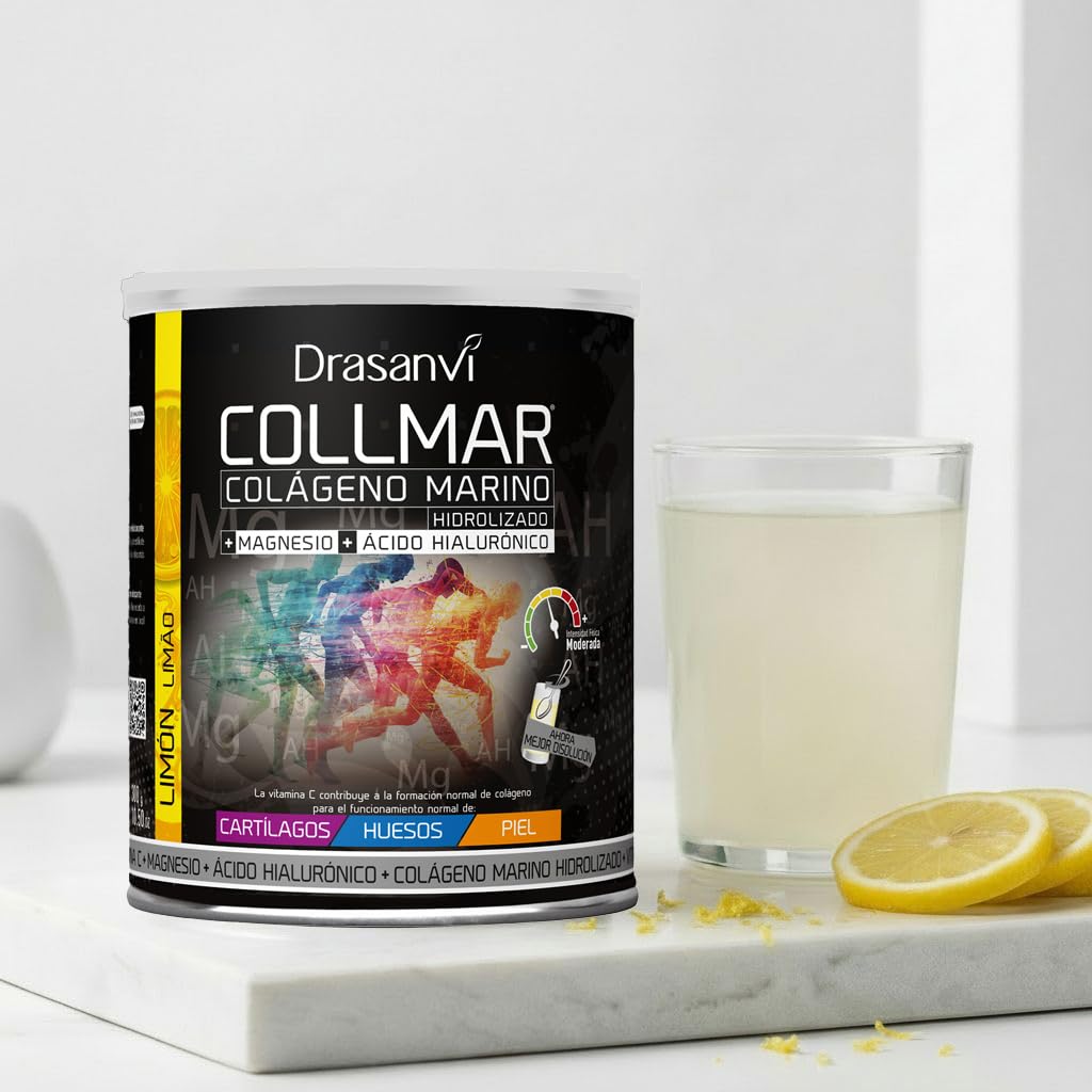 Drasanvi COLLMAR Colágeno Marino Hidrolizado con Ácido Hialurónico, Magnesio, Vitamina C | para Cartílagos, Huesos y Piel |Alta Dosis 9.717 mg/dia |300g de Polvo=28 Días | Sabor Limón