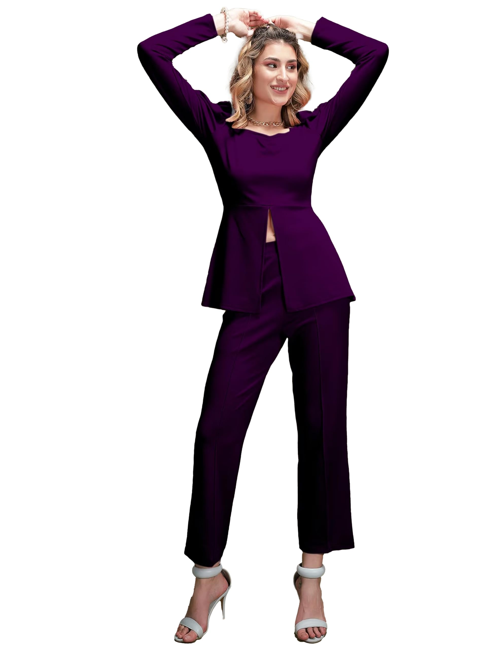 Elliti Solid Relaxed Fit Full Sleeve Co-Ord Set For Women's | Coord Sets | Top And Formal Trouser Co Ord Set For Women (Set Of 2 Piece) (Size L) (Color Purple)
