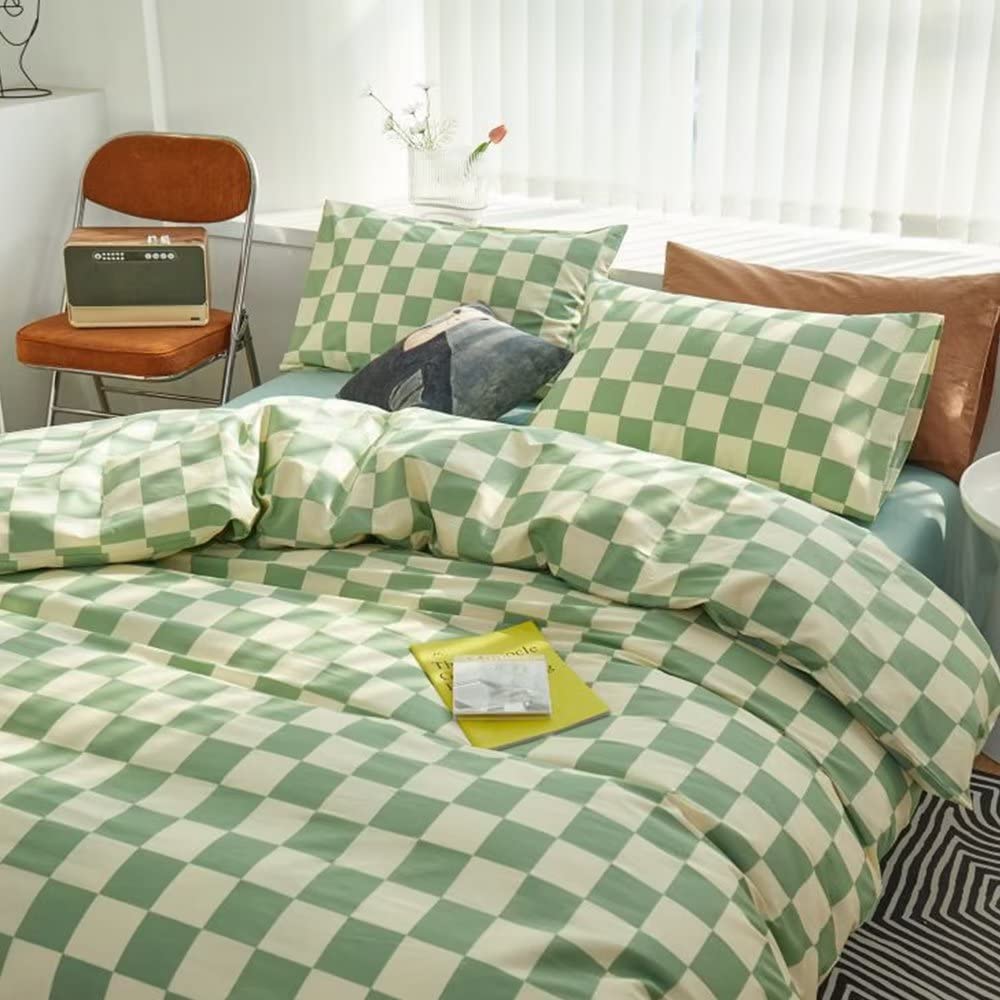 Forxiexie Green Checkered Comforter Set Full Size Sage Green Checkerboard Bedding Comforter Green and White Plaid Bedding Sets Soft Women Girls Retro Grid Green Quilt Light Green Checker Bedding