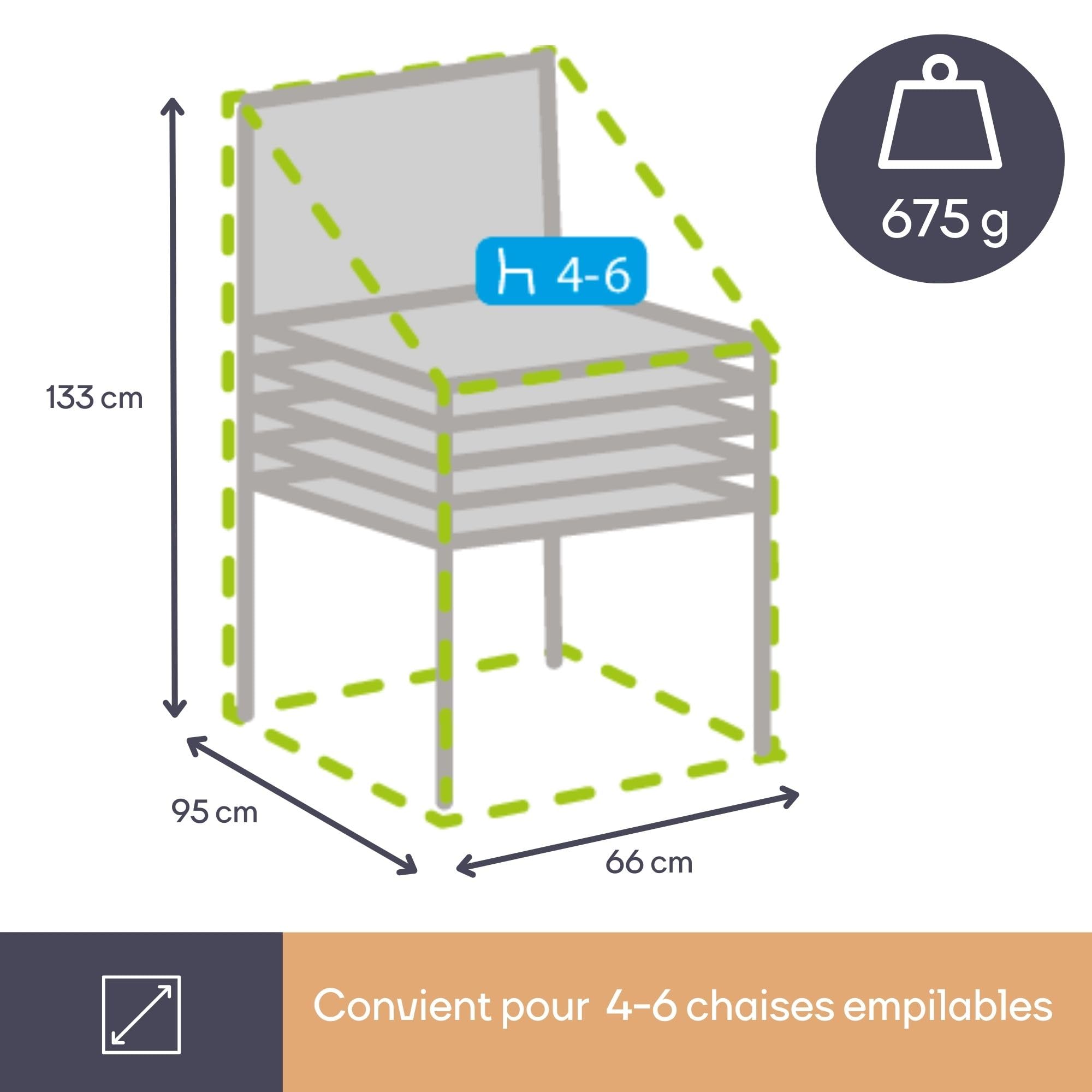 Perel Housse pour chaises empilables 66 x 95 x 133 cm, résistante à l’Eau et aux UV, Housse Solide pour 4–6 chaises, Tissu Respirant, idéale pour Une Utilisation extérieure