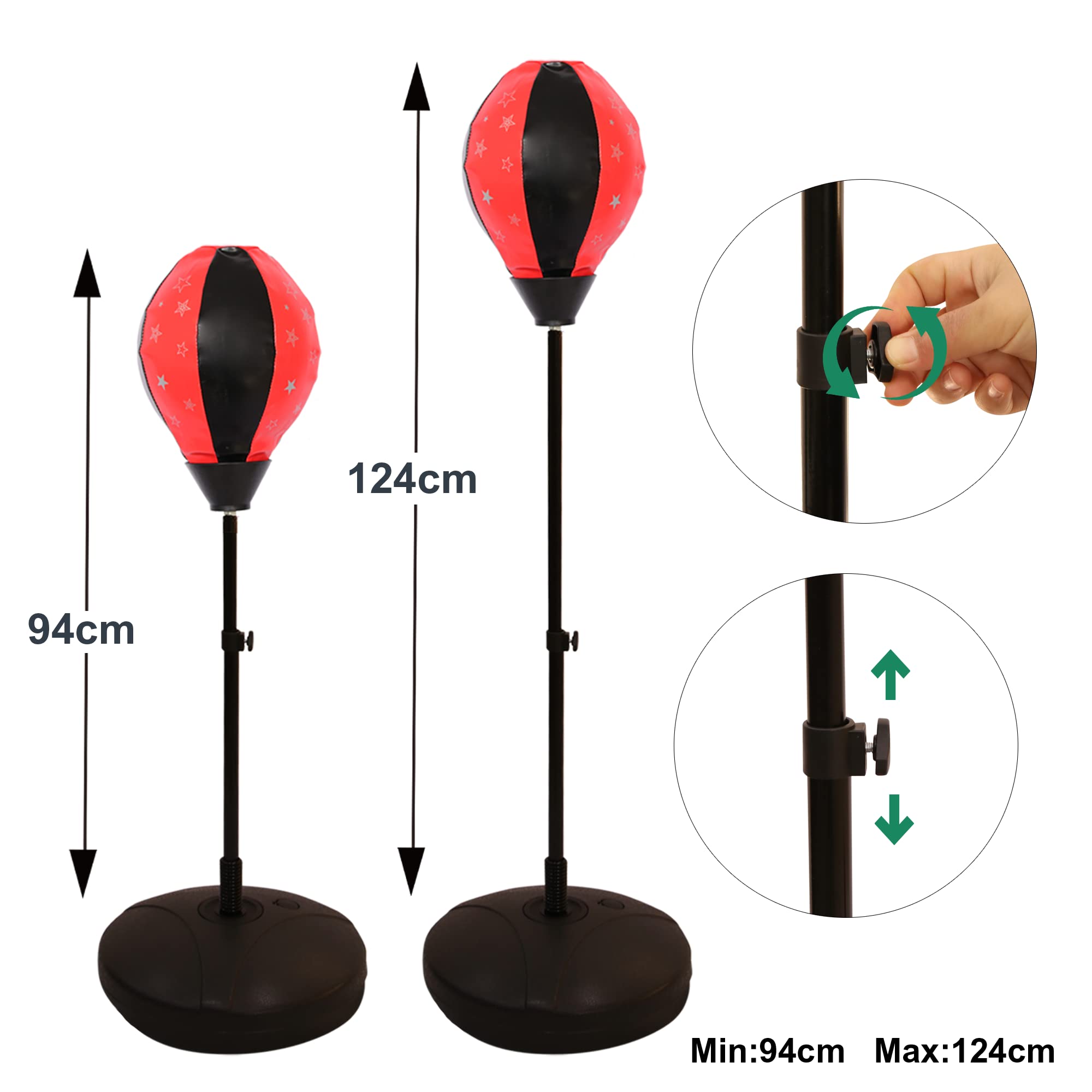 Melko Stojący worek bokserski Punchingball Punching Training z rękawicami bokserskimi, regulowany, czerwony srebrny czarny, piłka Ø 24 cm