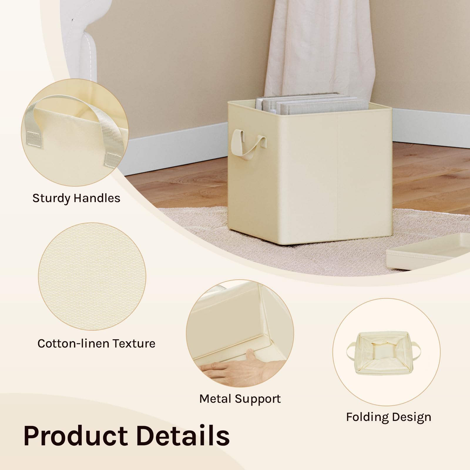 WOLTU Scatole Contenitori Pieghevoli Set di 10, Cubi in Tessuto con Manico, Coperchio e Struttura in Metallo, Organizer per Armadio e Scaffale, Crema, 27x27x27cm