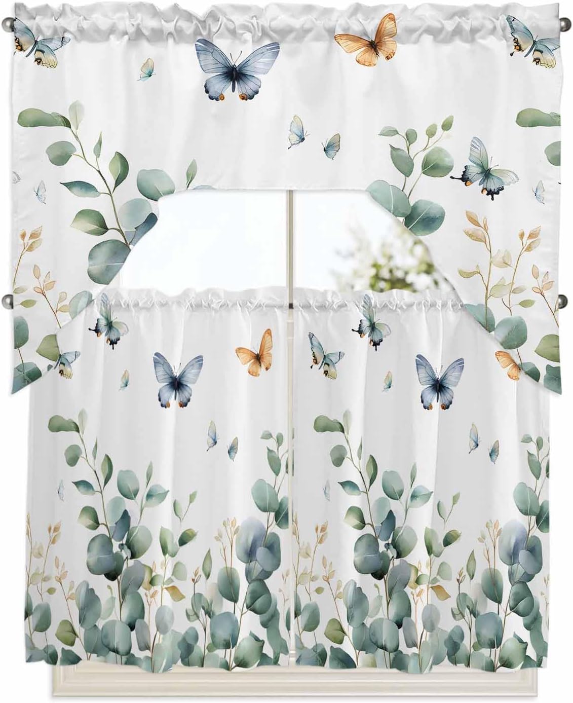 Eucalyptus Swag Kitchen Curtain Sets with Valance,3 Pieces Spring Butterfly Nature Plant Aesthetics Curtain Drapes Rod Pocket for Bedroom Bathroom Cafe Windows,56''x36'' & 36''x27.5''x2Panels