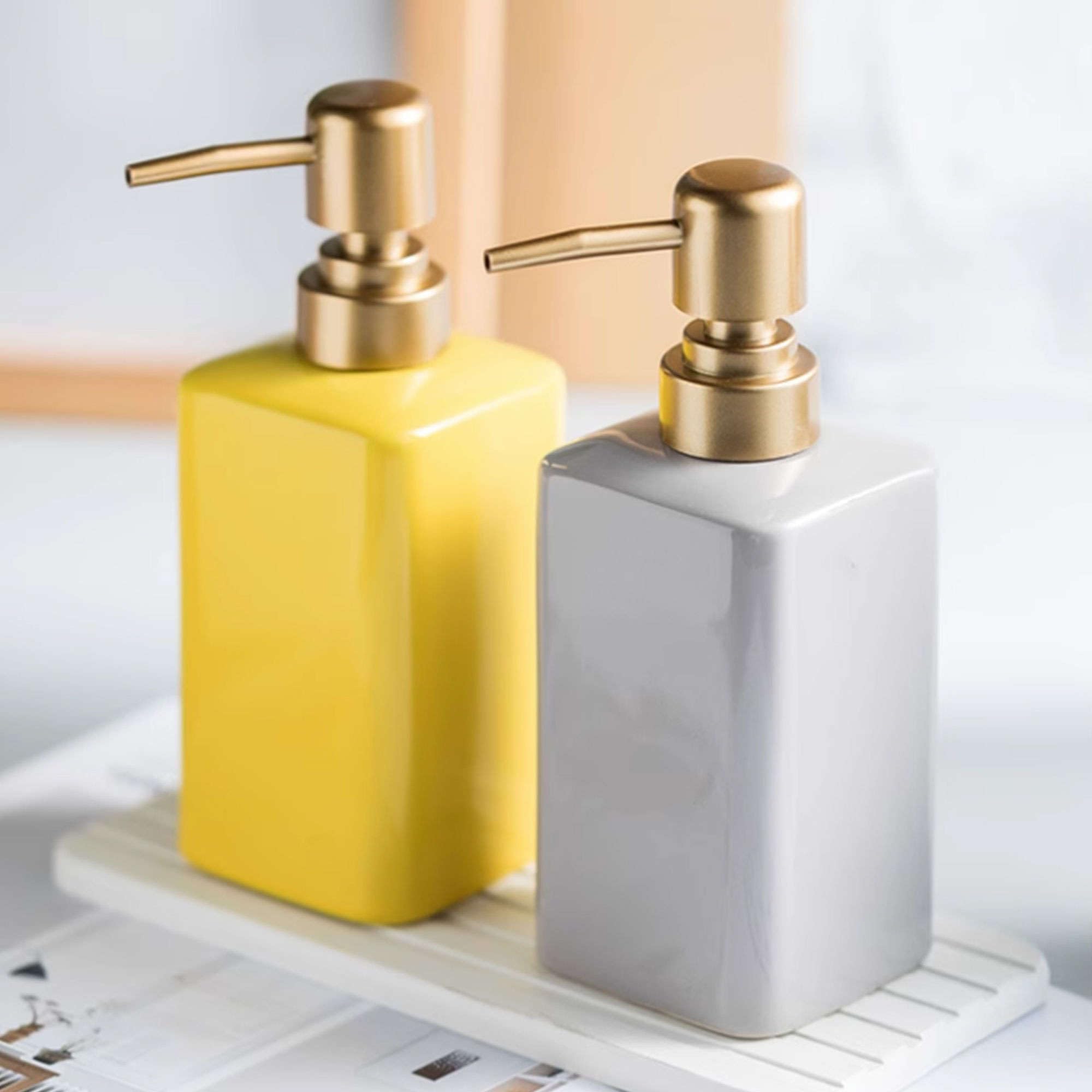 Dozownik mydła， Ceramiczna złota pompka, dozowniki mydła do blatów łazienkowych, dozownik balsamu rąk z możliwością ponownego napełnienia(Yellow)