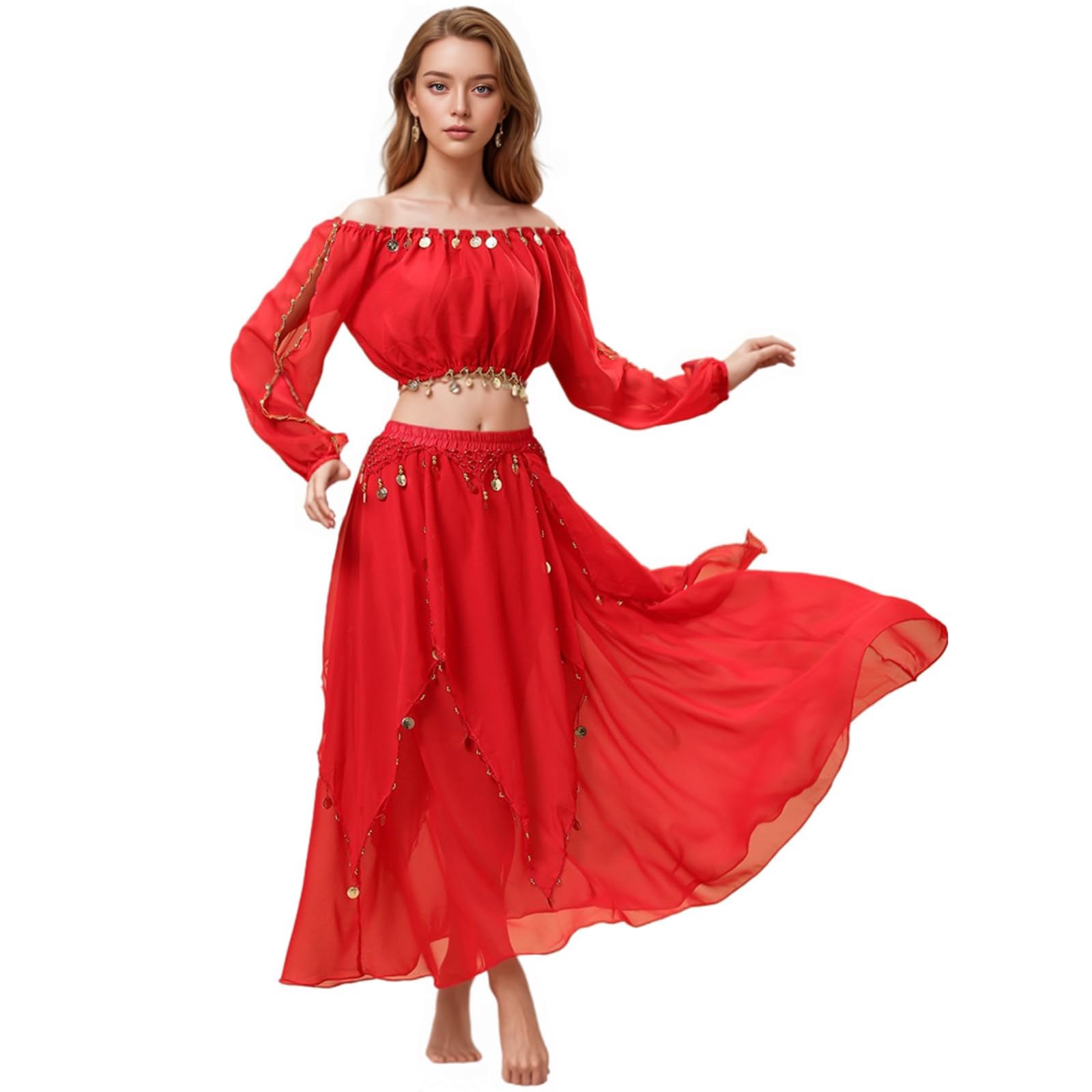 Baisdan Costume da donna per danza del ventre, top corto con gonna in chiffon per danza del ventre, abiti per carnevale