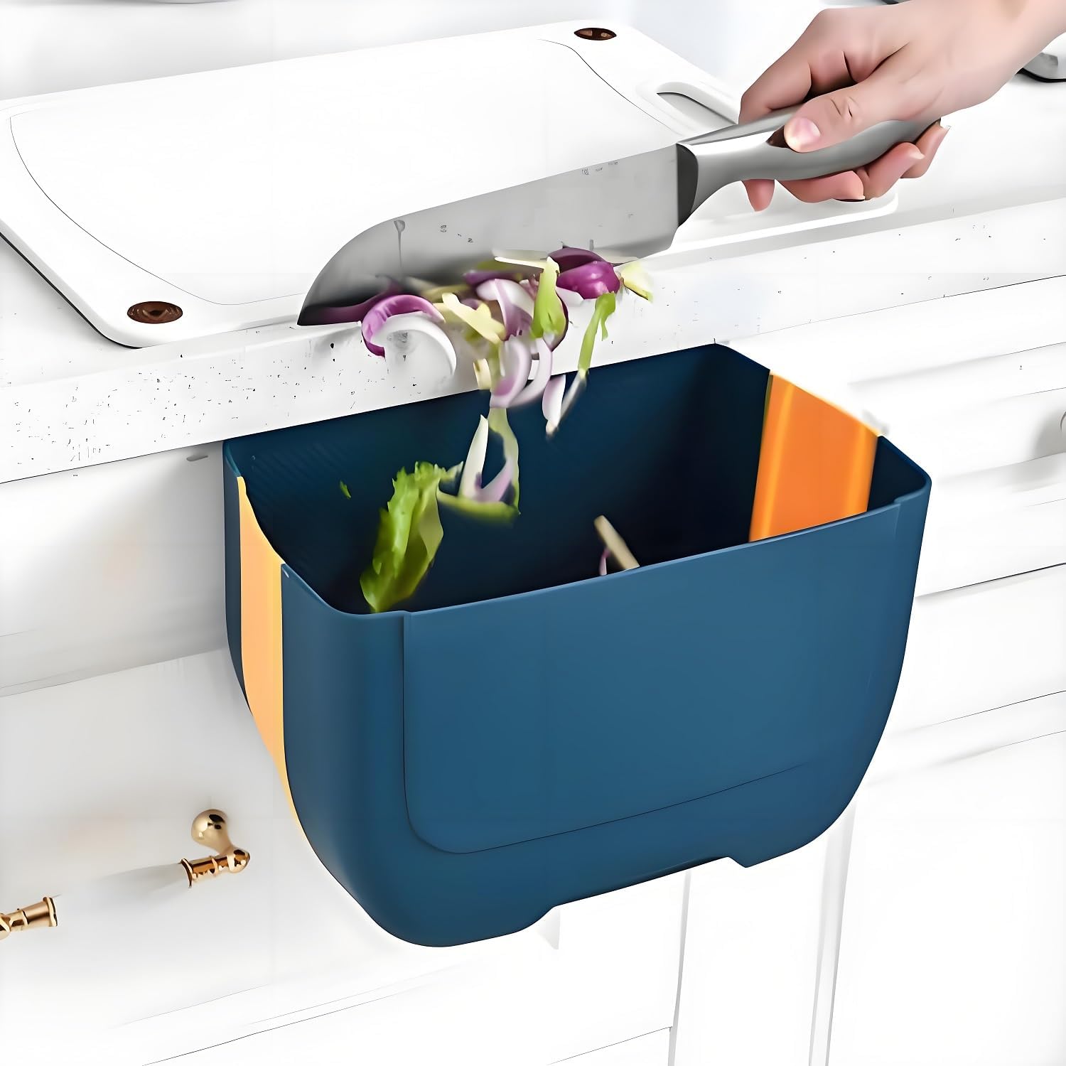 BLURISM 3L Foldable Hanging Trash Can for Cabinet Door,Kitchen Compost Bin, Wall-Mounted Plastic Garbage Can for Countertop or Under Sink, Bathroom and RV, Kitchen Bin (BLUE-YELLOW)
