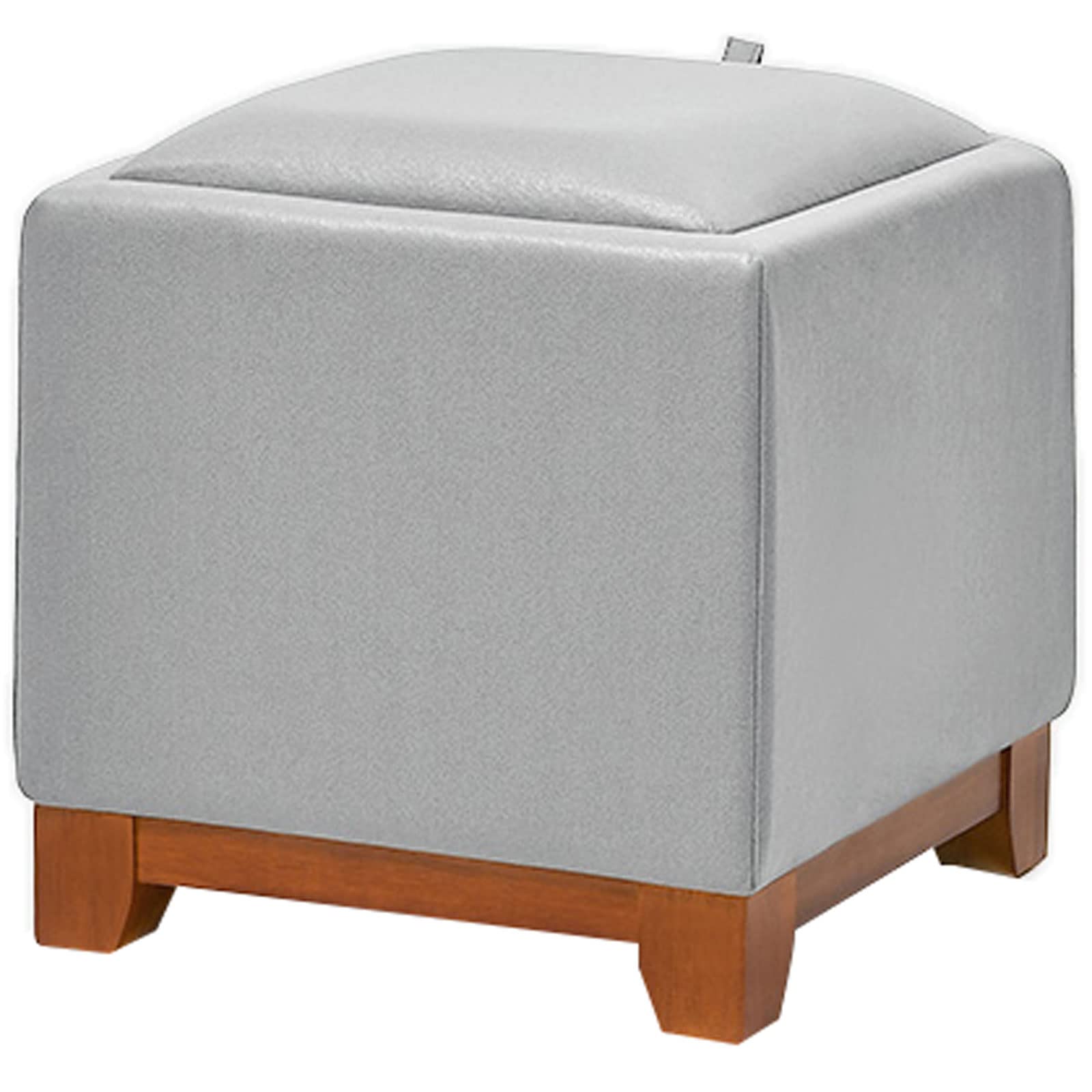 Pouf repose-pieds coffre avec assise rembourrée et pieds en bois teinte miel