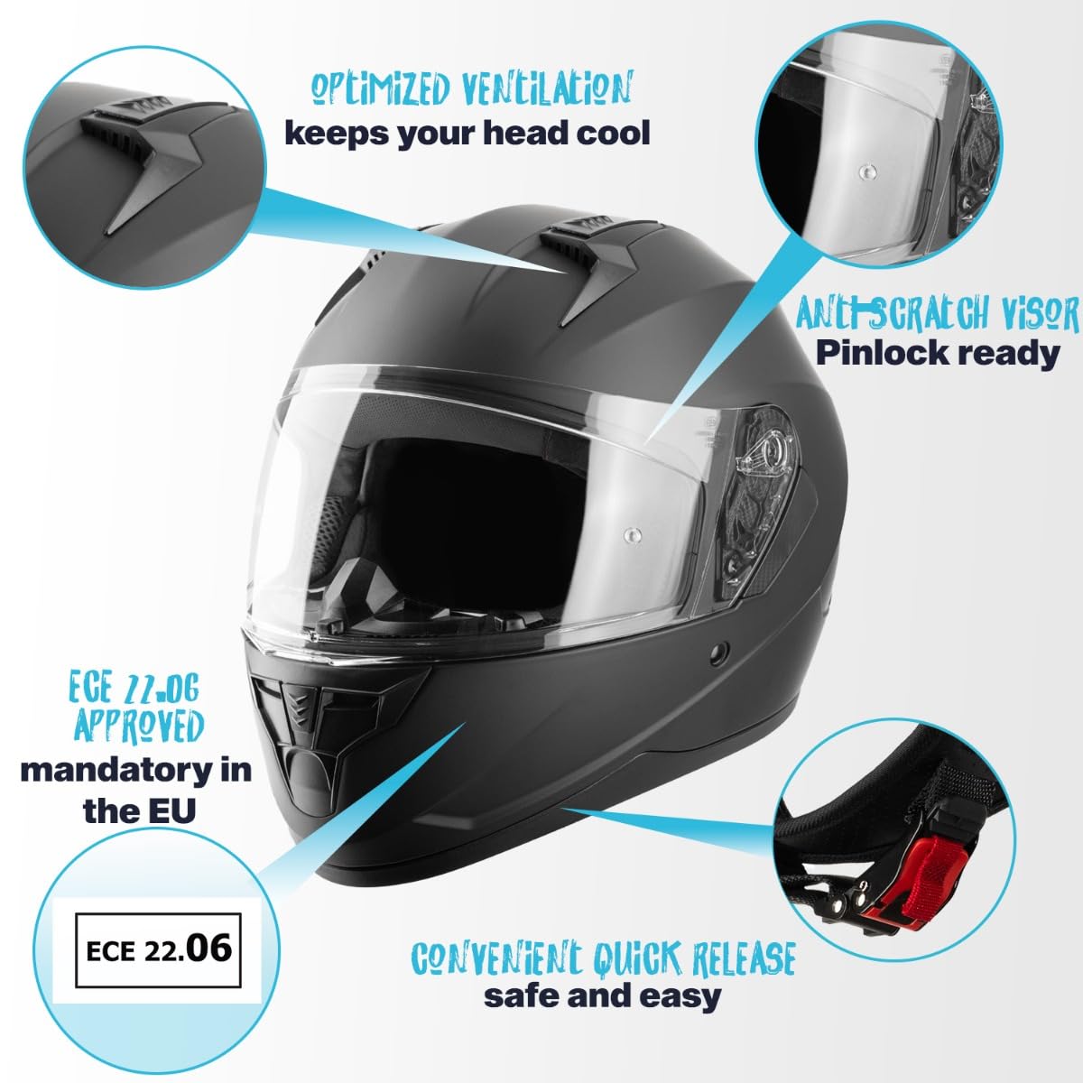 VINZ Vigo Integralhelm | Motorrad Helm Vollvisierhelm Mopedhelm ECE 22.06 | Motorradhelm Full-Face Helme | für Damen & Herren | In Gr. XS-XXL