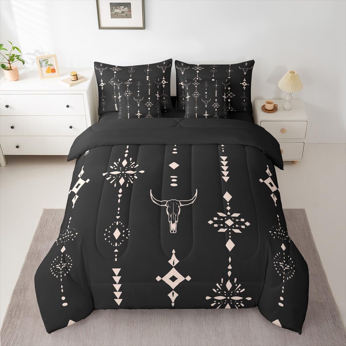 Erosebridal Western Comforter Set 7-Piece Bed in a Bag Twin | Southwestern Decor Rustic Bedding Sets Longhorn Skull Boho Aztec Comforter and Sheet Set, Abstract Geometric Bohemian Room Decor,Black - Image 6
