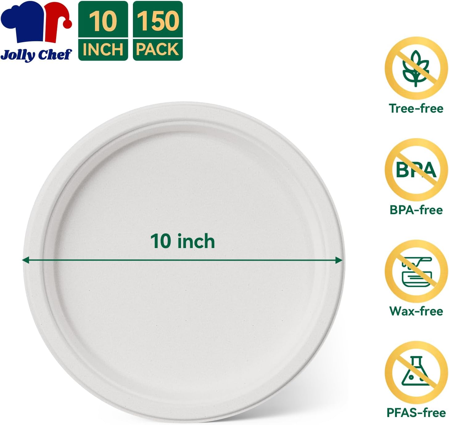 JOLLY CHEF 100% Compostable Paper Plates, 150 Pack 10 Inch Heavy Duty Plates, Disposable Biodegradable Eco-Friendly Sugarcane, Bulk White