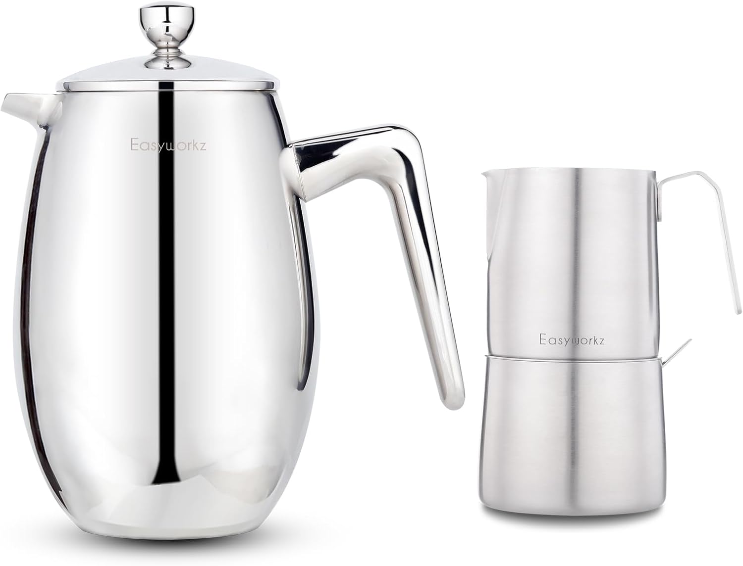 Easyworkz Nando French Press 23 oz, Bundled Stainless Steel 304 Creamer and Sugar Bowl with Spoon Coffee Serving Set, Brushed Silver