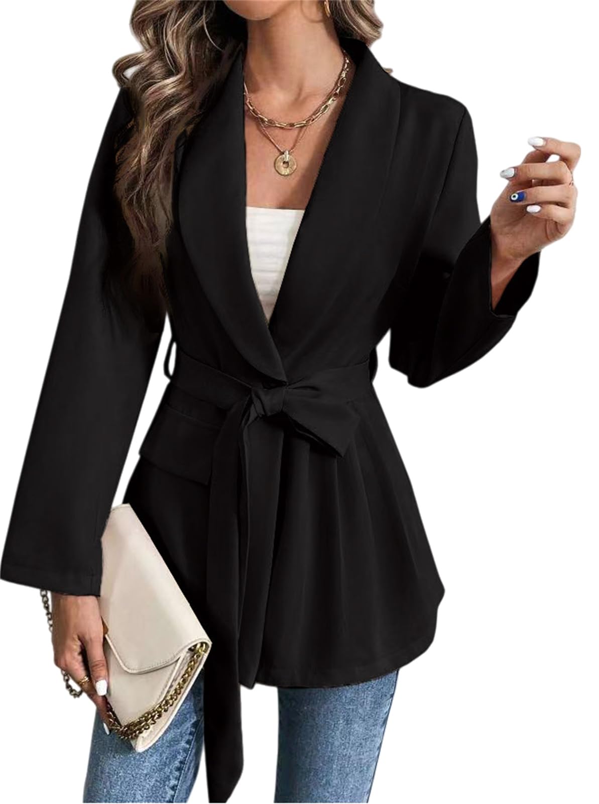 Casual Blazer for Women 2025 Fall Elegant Long Sleeve Lapel Business One Button Office Work Belted Spring Jacket