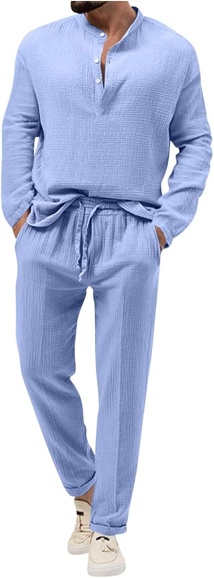 Ensemble 2 Pièces Homme Été Coton Lin – Chemise Boutonnée + Short Jogging Décontracté – Tenue Casual Grande Taille 2024