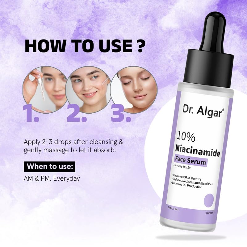 Image of Dr. Algar 10% Niacinamide Face Serum For Acne Marks Fades Blemishes & Dark Spots Oil Control Brightens & Evens Skin Tone All Skin Types For Women & Men