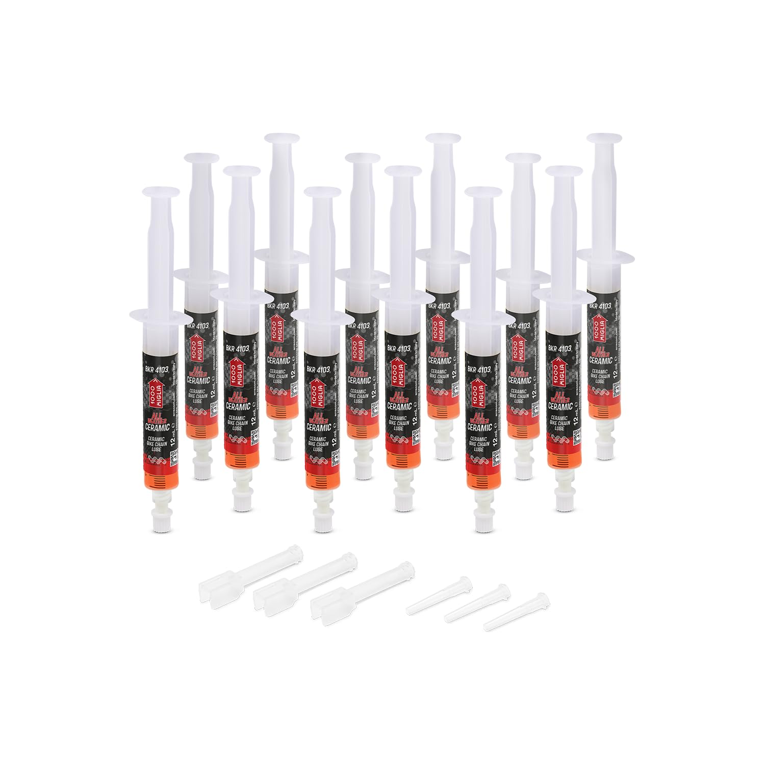 Errecom BKR 4103 ALL WEATHER CERAMICO Lubrificante Catena Bici per ogni Condizione del tracciato - 144 ml (12x12 ml), Siringhe con applicatori Drop e Huggie System, formula fluorescente profumata