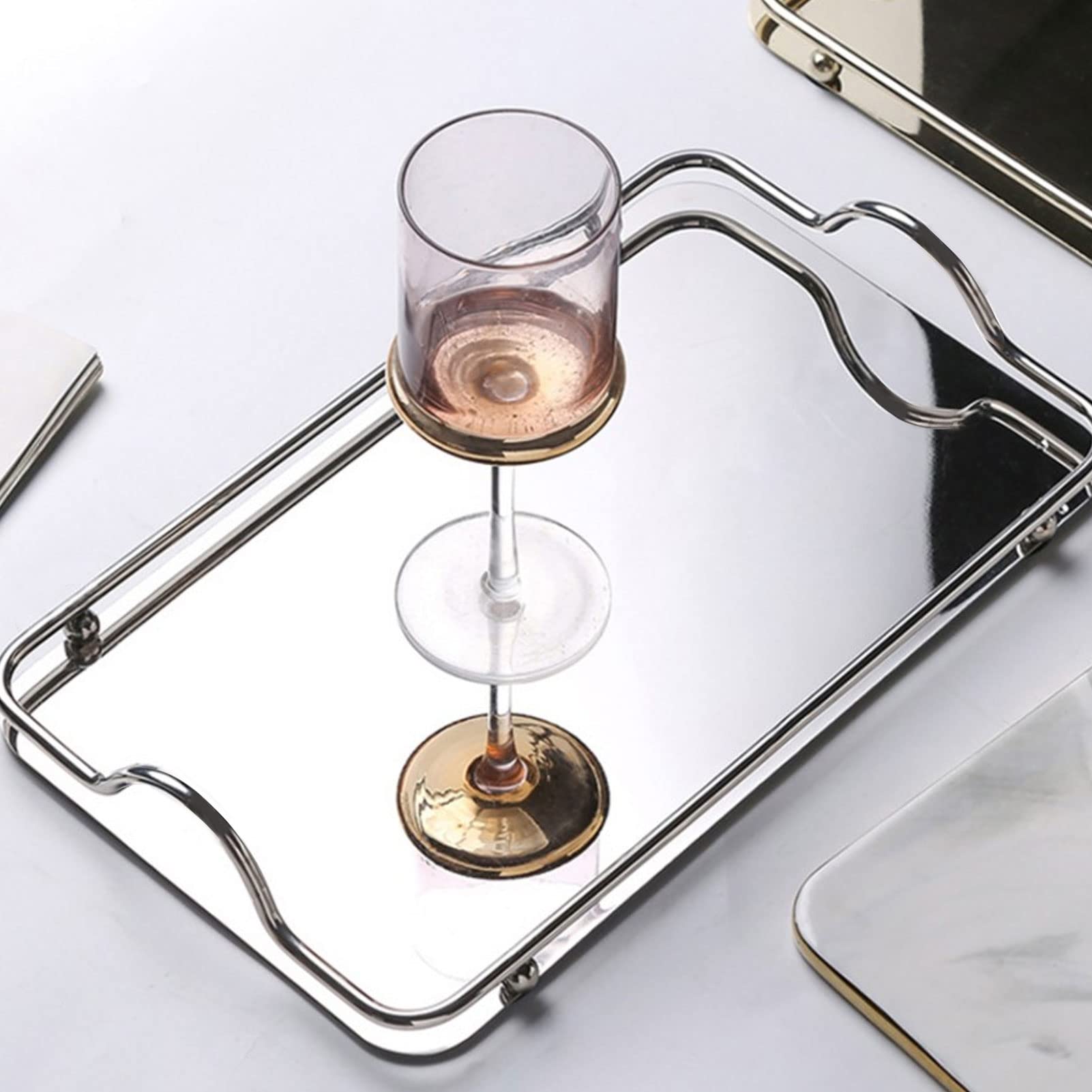 Stainless Steel Mirrored Tray with Side Rails Vanity Decorative Tray Perfume Tray Jewelry Organizer Makeup Mirror Tray with Side Bars Countertop Organizer Rectangle Home Decorative Tray
