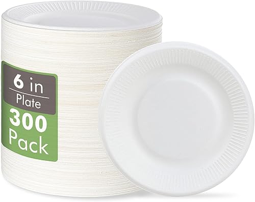 Vplus Platos de papel pequeños 100% compostables, paquete de 300 platos de papel desechables de 6 pulgadas, biodegradables sin recubrimiento, hechos