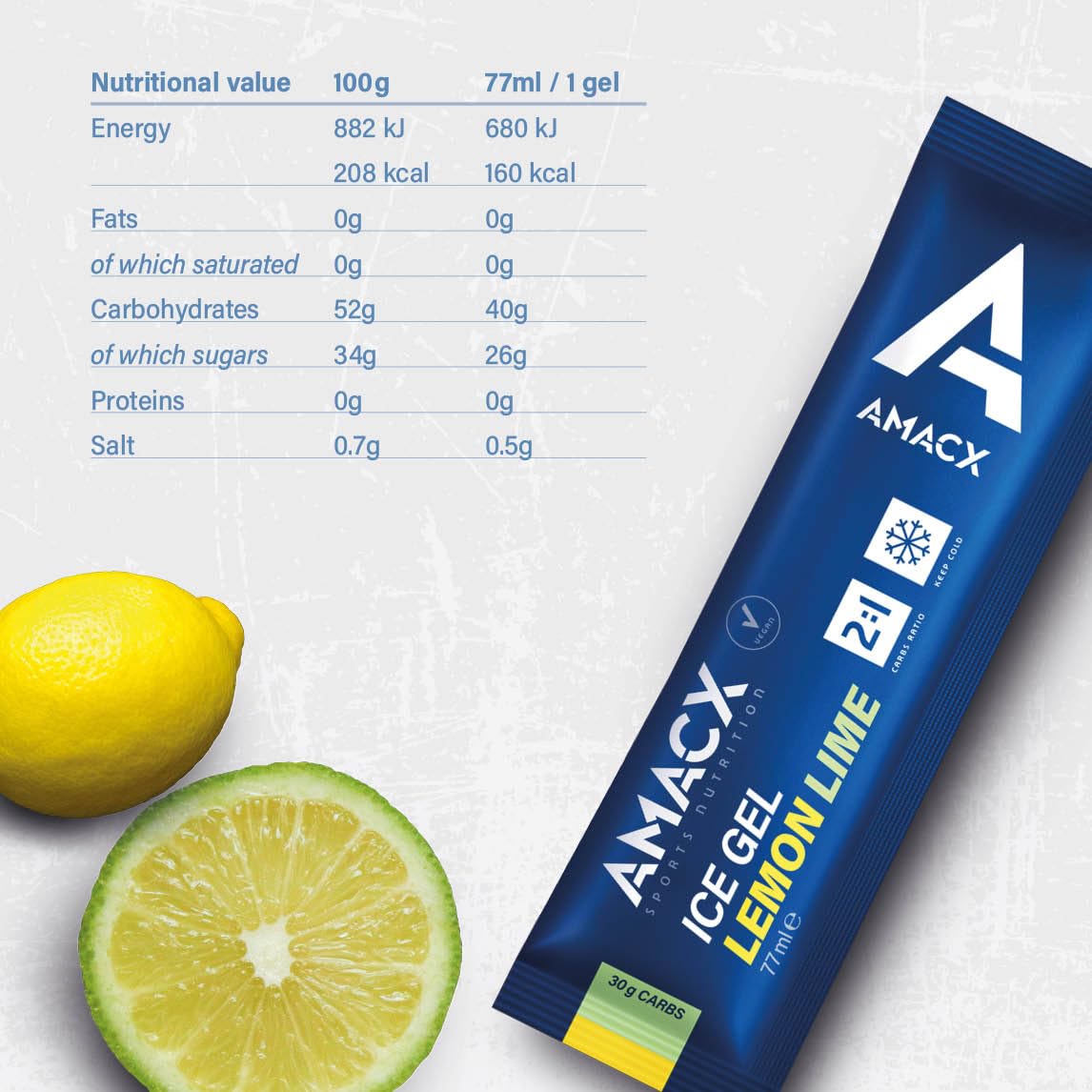 AMACX Energy Ice Gel con 30g Carbohidratos – Paquete de 12 y 200mg Sodio – Geles Energeticos Ciclismo y Running – Electrolitos Hidratacion para Entrenamiento Intenso – Limón Lima