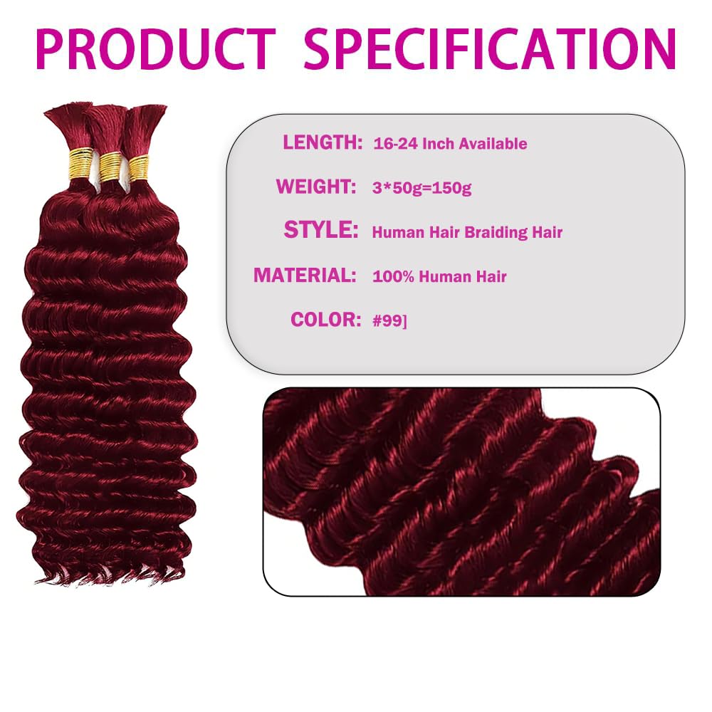 99J Burgundy Human Braiding Hair for Boho Deep Wave Human Hair for Braiding 3 Bundles/Pack No Weft Curly Human Hair Extensions for Braids (20 inch,150g)