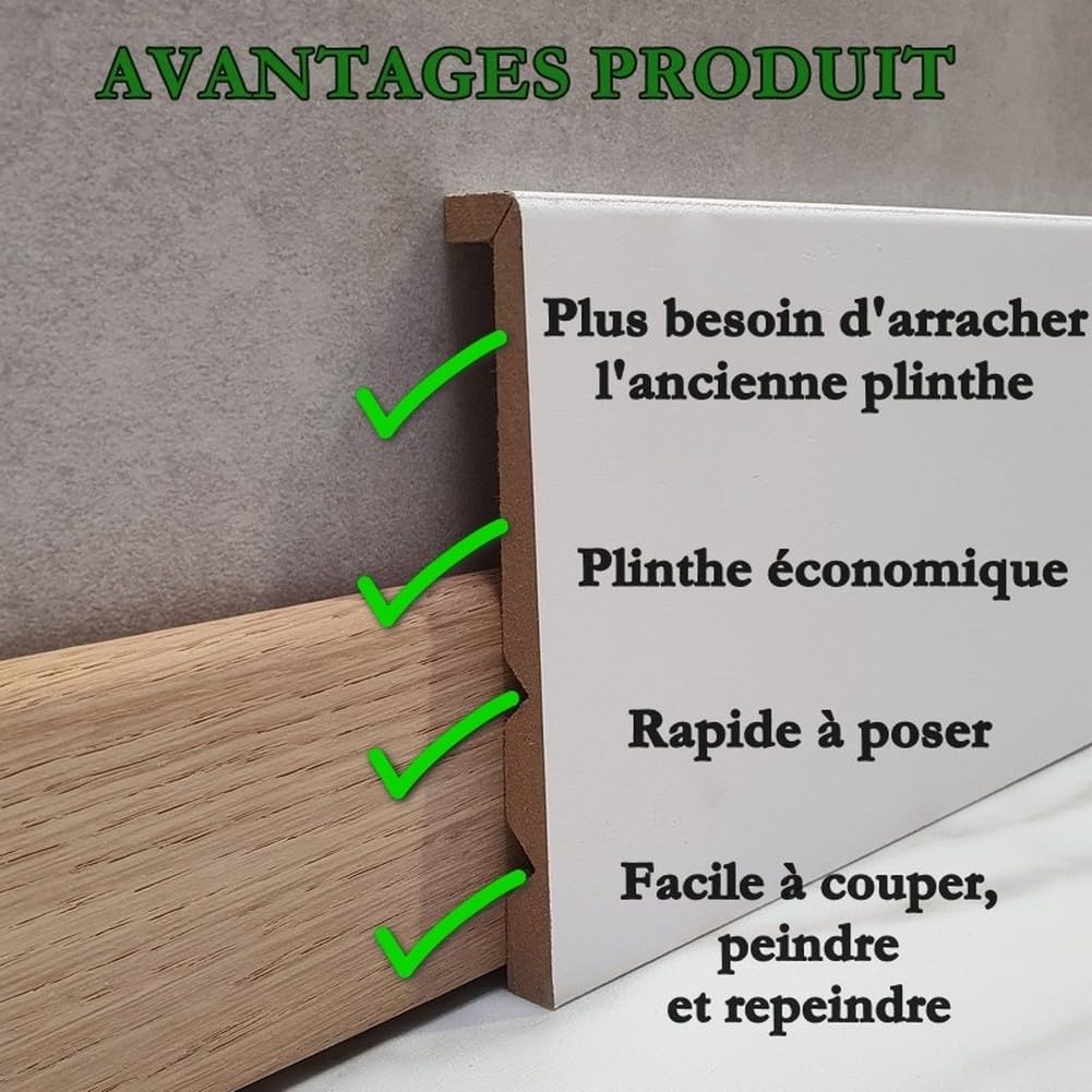 MadeInNature Zócalo de madera blanca ajustable en tablero DM prepintado, rodapié de altura ajustable y longitud a elegir, fabricado en Francia, altura 13 cm (50 ml)