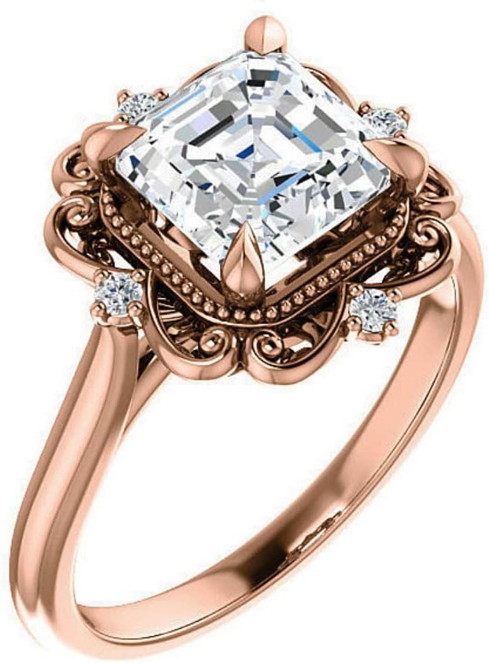2 CT Asscher Cut Colorless Moissanite Engagement Ring Set Wedding Bridal Ring Set Solitaire 10k 14k 18k Gold Sterling Silver Vintage Antique Anniversary Promise Gift