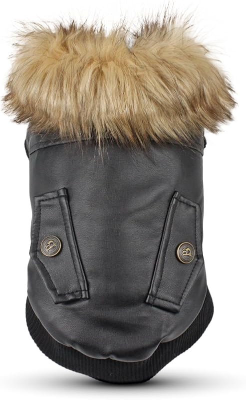 Casaco de Inverno Impermeável para Cães Pequenos LESYPET em Couro Sintético com Forro de Fleece e Gola de Pelo, Preto M