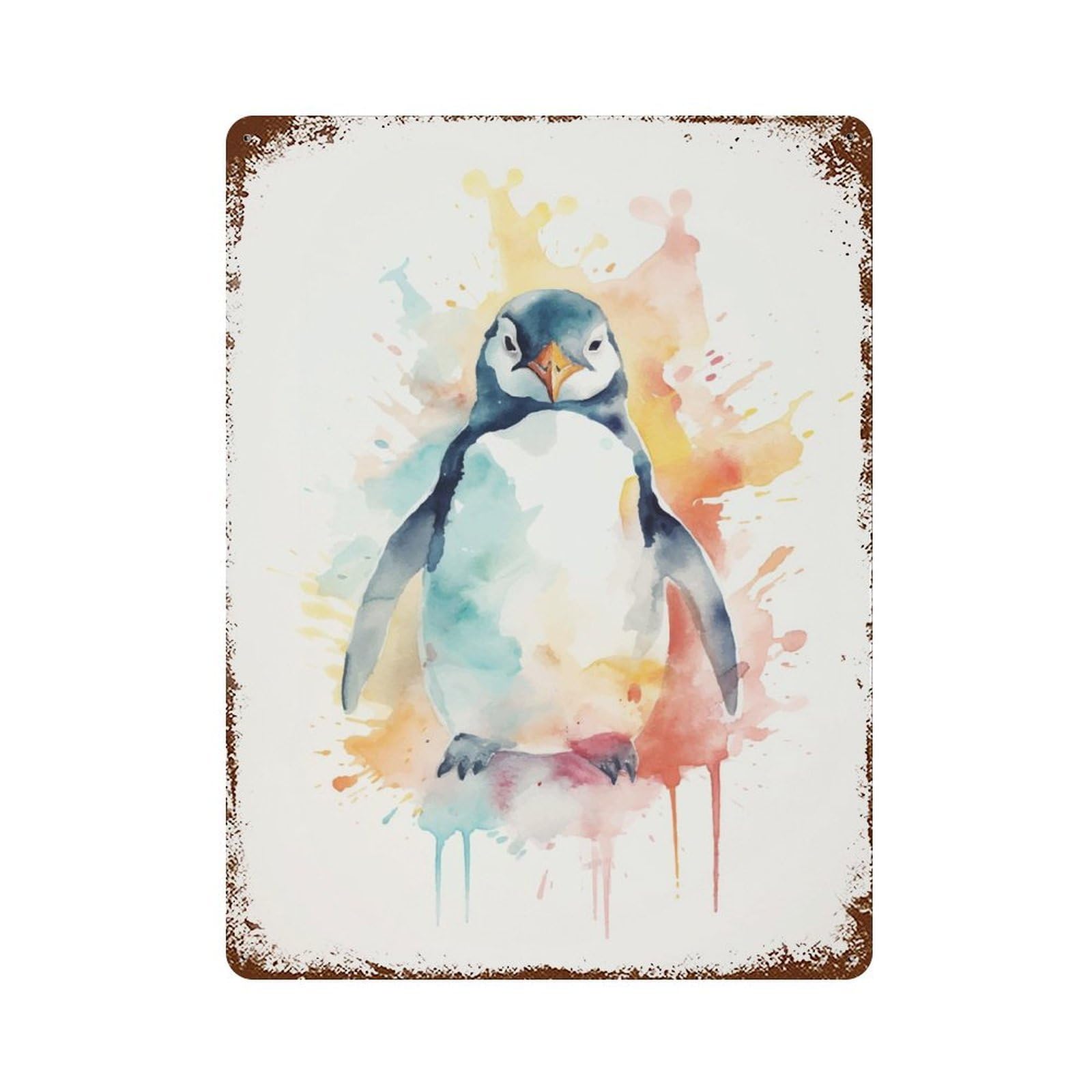 Vintage Rust Metal Sign with Penguin Watercolor Design 15.7"x11.8", for Shed, Workshop And Garage Wall Decor, Classic Wall Plaque