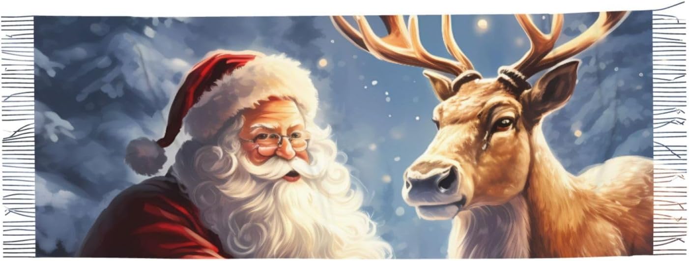 (Santa Claus and Deer Elk) Women's Soft Warm Scarf Large Plush Shawl Wrap with Fringe Fashion Winter Scarves for Cold Weather