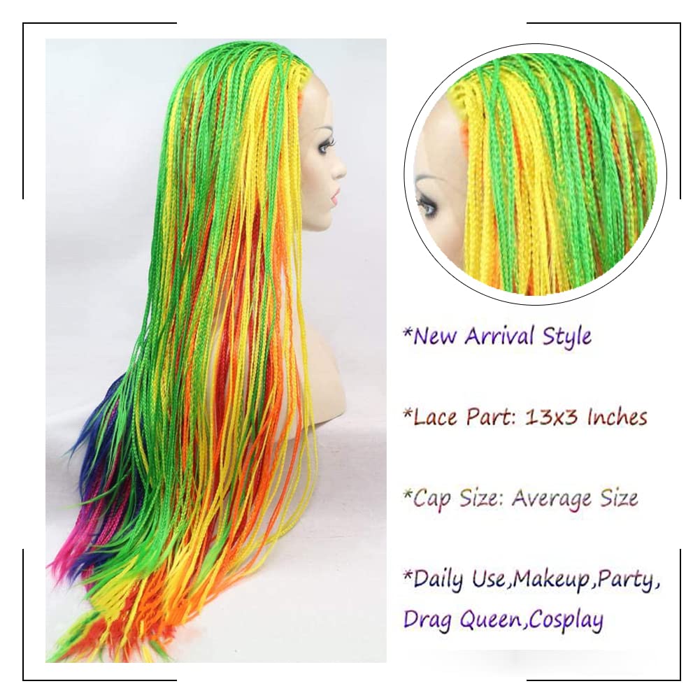 Kalisa Rainbow Box Braided Wig Handmade Lace Front Braided Wig Pre Plucked Colorful Micro Knotless Braid Wig Synthetic Braiding Hair Wigs for Women Party Drag Queen 26 Inch