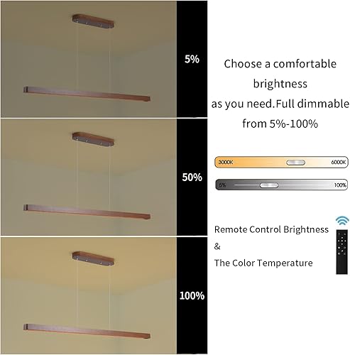 Miniatura 8 de Lámpara colgante lineal de madera de 39 pulgadas, iluminación LED regulable para isla de cocina con control remoto, lámpara colgante ajustable para