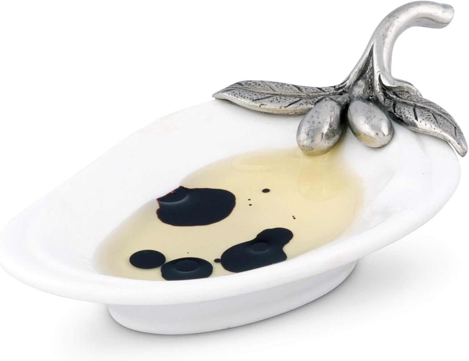 Vagabond House Porcelain Olive/Jam/Oil/Vinegar Server and Spoon Rest with Solid Pewter "Olive Branch" Accent 4.5 inch Long x 2.5 inch Wide