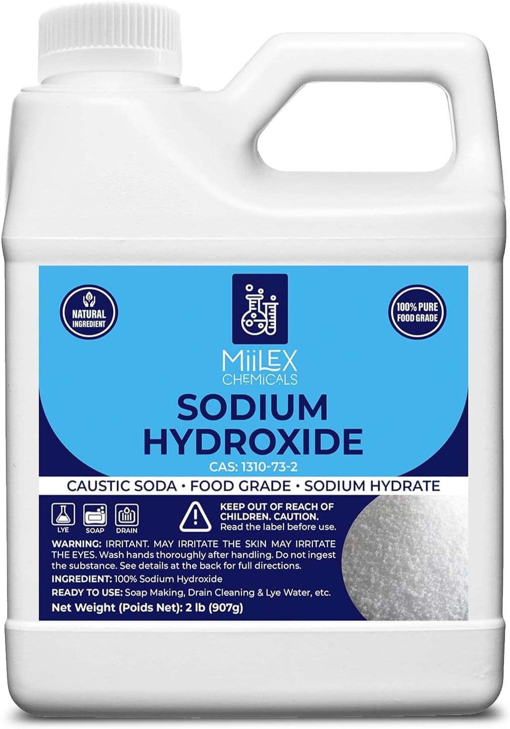 Food Grade Lye Sodium Hydroxide - 100% Pure, 100% Caustic Soda, Food Grade Lye for Soap Making, Kosher Certified | Soap Making, Drain Cleaning, and Culinary Use (2lbs or 907g)