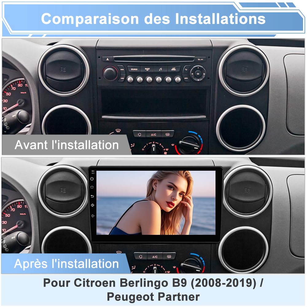 AWESAFE Autoradio Android 15 pour Citroën Berlingo/Peugeot Partner (2008-2019), Écran Tactile 9 Pouces 2Go+64Go, CarPlay & Android Auto, GPS WiFi Bluetooth USB DSP, SWC, Caméra de Recul Incluse